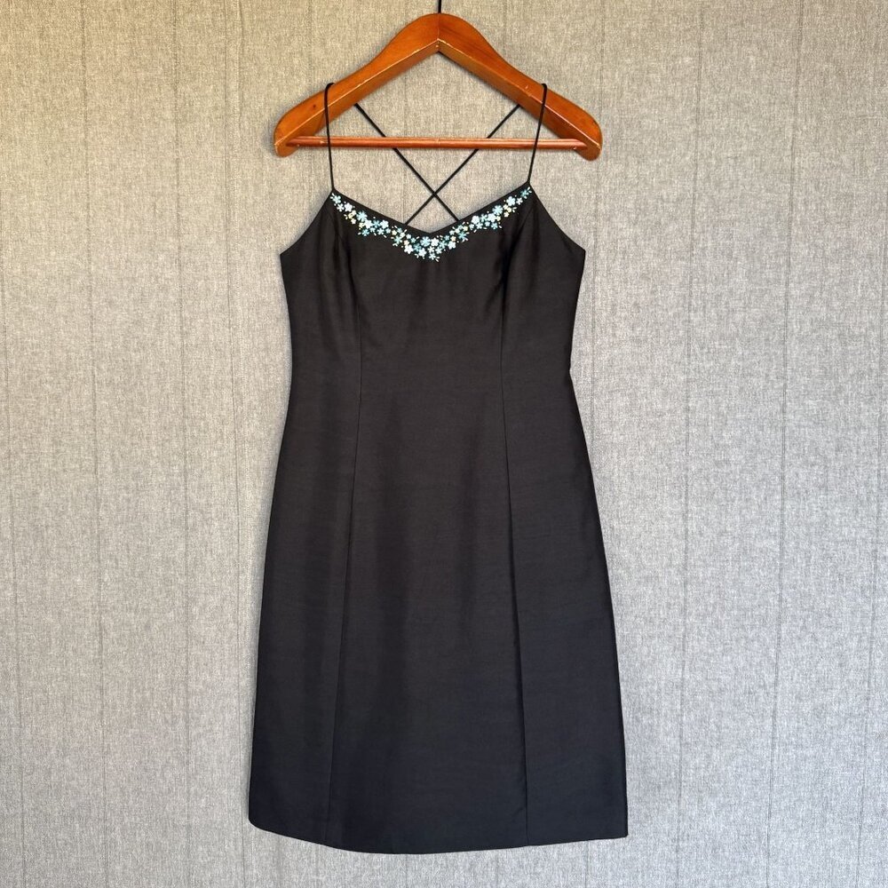 Vintage Yves Cossette Depeche Mode Black 100% Silk Floral Embroidered Midi Dress